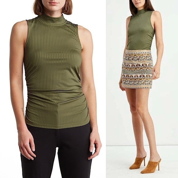 NWT VERONICA BEARD Shimmering Rib Knit Jersey Ruched Sleeveless Mockneck Top S - Picture 2 of 8